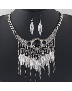 Resin Gem Decorated Arch with Leaves Tassel Design Fashion Necklace and Earrings Set - Silver