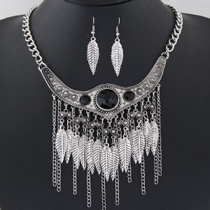 Resin Gem Decorated Arch with Leaves Tassel Design Fashion Necklace and Earrings Set - Silver