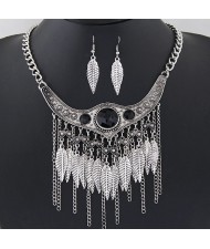 Resin Gem Decorated Arch with Leaves Tassel Design Fashion Necklace and Earrings Set - Silver