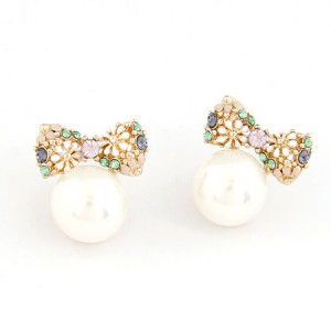 Unique Chrysanthemum Bowknot Ball Pearl Ear Studs