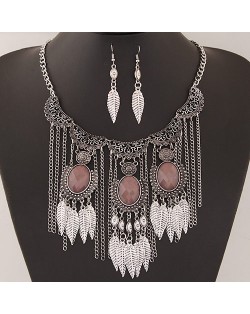 Vintage Floral Engraving with Resin Gems Decorated Leaves Tassel Fashion Necklace and Earrings Set - Silver