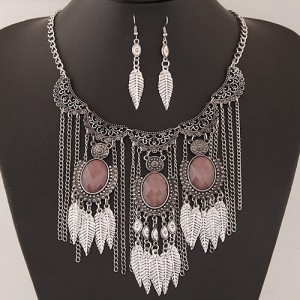 Vintage Floral Engraving with Resin Gems Decorated Leaves Tassel Fashion Necklace and Earrings Set - Silver