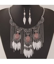 Vintage Floral Engraving with Resin Gems Decorated Leaves Tassel Fashion Necklace and Earrings Set - Silver