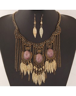 Vintage Floral Engraving with Resin Gems Decorated Leaves Tassel Fashion Necklace and Earrings Set - Copper