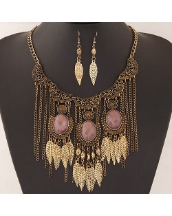 Vintage Floral Engraving with Resin Gems Decorated Leaves Tassel Fashion Necklace and Earrings Set - Copper