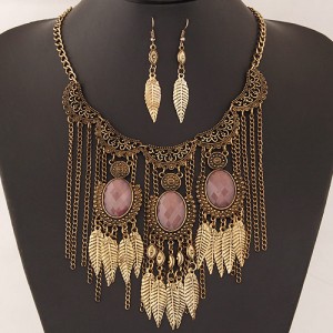 Vintage Floral Engraving with Resin Gems Decorated Leaves Tassel Fashion Necklace and Earrings Set - Copper