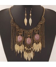 Vintage Floral Engraving with Resin Gems Decorated Leaves Tassel Fashion Necklace and Earrings Set - Copper