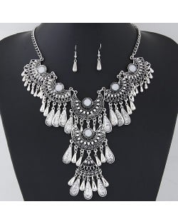 Multiple Arches Combo with Waterdrops Design Rhinestone Statement Fashion Necklace - Silver