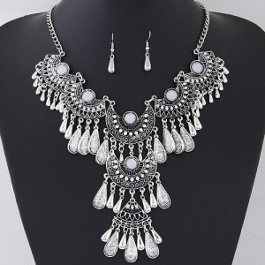 Multiple Arches Combo with Waterdrops Design Rhinestone Statement Fashion Necklace - Silver