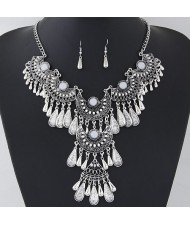 Multiple Arches Combo with Waterdrops Design Rhinestone Statement Fashion Necklace - Silver