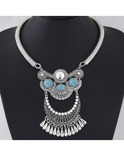 Rhinestone and Resin Gem Embedded Floral Engraving Arch Fashion Necklet - Blue