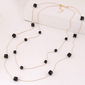 Crystal Cubics Decorated Two Layers Golden Chain Fashion Necklace - Black