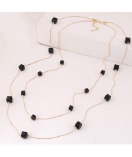 Crystal Cubics Decorated Two Layers Golden Chain Fashion Necklace - Black