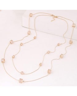 Crystal Cubics Decorated Two Layers Golden Chain Fashion Necklace - Champagne