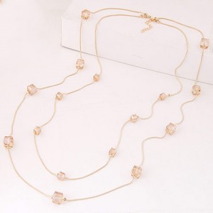 Crystal Cubics Decorated Two Layers Golden Chain Fashion Necklace - Champagne