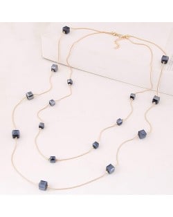 Crystal Cubics Decorated Two Layers Golden Chain Fashion Necklace - Blue