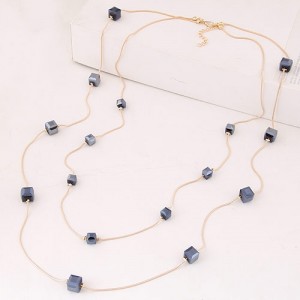 Crystal Cubics Decorated Two Layers Golden Chain Fashion Necklace - Blue