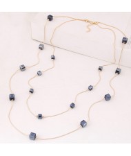 Crystal Cubics Decorated Two Layers Golden Chain Fashion Necklace - Blue