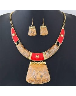 Golden Spots Embellished Arch and Trapezoid Pendant Statement Fashion Necklace and Earrings Set - Yellow