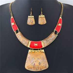 Golden Spots Embellished Arch and Trapezoid Pendant Statement Fashion Necklace and Earrings Set - Yellow