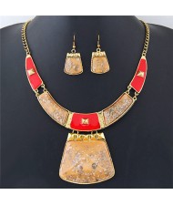 Golden Spots Embellished Arch and Trapezoid Pendant Statement Fashion Necklace and Earrings Set - Yellow