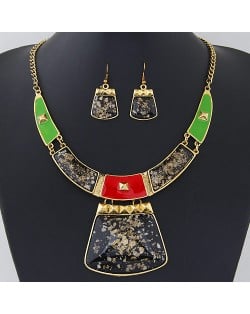 Golden Spots Embellished Arch and Trapezoid Pendant Statement Fashion Necklace and Earrings Set - Black