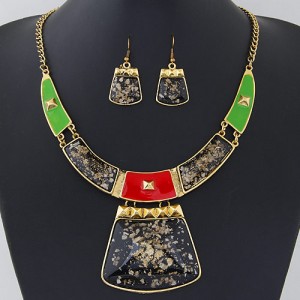 Golden Spots Embellished Arch and Trapezoid Pendant Statement Fashion Necklace and Earrings Set - Black