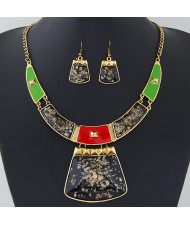 Golden Spots Embellished Arch and Trapezoid Pendant Statement Fashion Necklace and Earrings Set - Black
