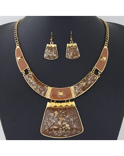 Golden Spots Embellished Arch and Trapezoid Pendant Statement Fashion Necklace and Earrings Set - Brown