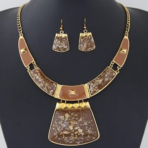 Golden Spots Embellished Arch and Trapezoid Pendant Statement Fashion Necklace and Earrings Set - Brown