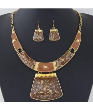 Golden Spots Embellished Arch and Trapezoid Pendant Statement Fashion Necklace and Earrings Set - Brown