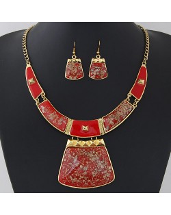 Golden Spots Embellished Arch and Trapezoid Pendant Statement Fashion Necklace and Earrings Set - Red