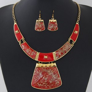 Golden Spots Embellished Arch and Trapezoid Pendant Statement Fashion Necklace and Earrings Set - Red