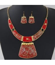 Golden Spots Embellished Arch and Trapezoid Pendant Statement Fashion Necklace and Earrings Set - Red