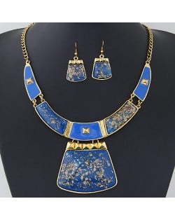 Golden Spots Embellished Arch and Trapezoid Pendant Statement Fashion Necklace and Earrings Set - Blue