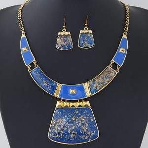 Golden Spots Embellished Arch and Trapezoid Pendant Statement Fashion Necklace and Earrings Set - Blue