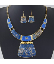 Golden Spots Embellished Arch and Trapezoid Pendant Statement Fashion Necklace and Earrings Set - Blue