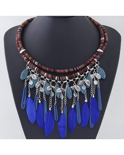 Dangling Feather and Leaves Pendant Dual Layers Rope Necklace - Silver