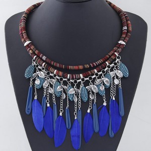 Dangling Feather and Leaves Pendant Dual Layers Rope Necklace - Silver