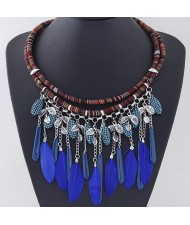 Dangling Feather and Leaves Pendant Dual Layers Rope Necklace - Silver