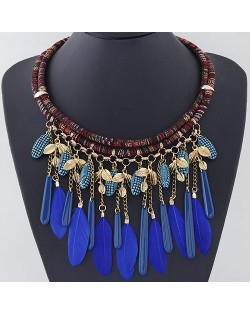 Dangling Feather and Leaves Pendant Dual Layers Rope Necklace - Golden