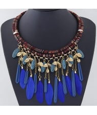 Dangling Feather and Leaves Pendant Dual Layers Rope Necklace - Golden