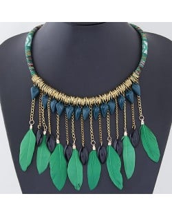 Green Feather and Dangling Beads Tassel Rope Fashion Necklace