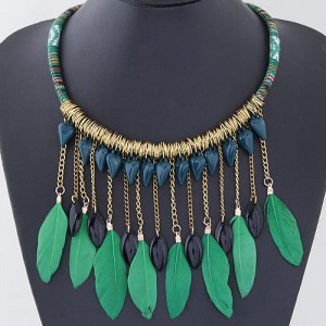 Green Feather and Dangling Beads Tassel Rope Fashion Necklace
