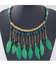 Green Feather and Dangling Beads Tassel Rope Fashion Necklace