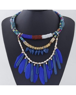 Blue Feather and Resin Bars Pendant Design Triple Layers Rope Necklace
