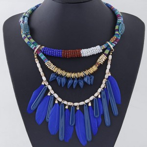 Blue Feather and Resin Bars Pendant Design Triple Layers Rope Necklace
