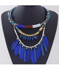 Blue Feather and Resin Bars Pendant Design Triple Layers Rope Necklace