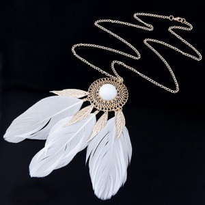 Elegant Feather Pendant Long Chain Fashion Necklace - White