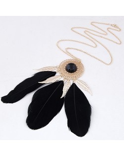 Elegant Feather Pendant Long Chain Fashion Necklace - Black
